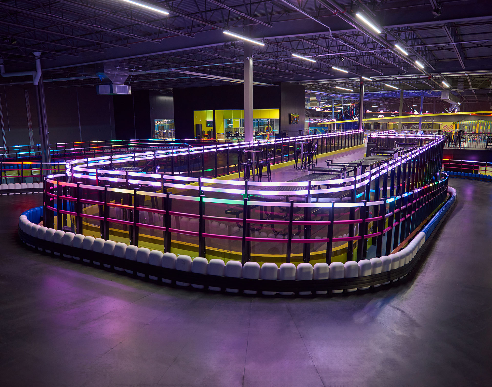 Viewing platform overlooking an indoor karting track